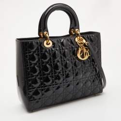 Pre Owned Dior Black Cannage Patent Leather Large Lady Dior Tote