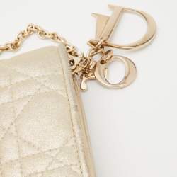 Dior Gold Shimmering Cannage Leather Lady Dior Wallet On Chain