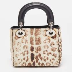 Pre Owned Dior Brown/Black Leopard Print Calfhair and Leather Mini Lady Dior Tote