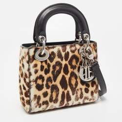 Pre Owned Dior Brown/Black Leopard Print Calfhair and Leather Mini Lady Dior Tote