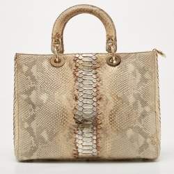 Pre Owned Dior Gold/Beige Python Large Lady Dior Tote