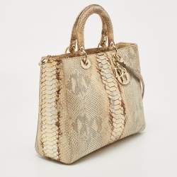 Pre Owned Dior Gold/Beige Python Large Lady Dior Tote