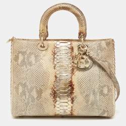 Pre Owned Dior Gold/Beige Python Large Lady Dior Tote