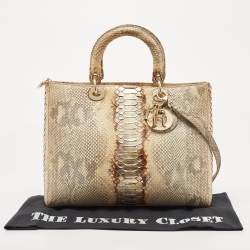 Pre Owned Dior Gold/Beige Python Large Lady Dior Tote