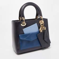 Pre Owned Dior Midnight Blue Leather Medium Pockets Lady Dior Tote