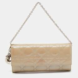 Pre Owned Dior Grey Cannage Patent Leather Lady Dior Wallet on Chain