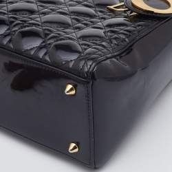 Dior Black Cannage Patent Leather Medium Lady Dior Tote