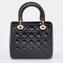 Dior Black Cannage Patent Leather Medium Lady Dior Tote