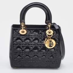 Dior Black Cannage Patent Leather Medium Lady Dior Tote