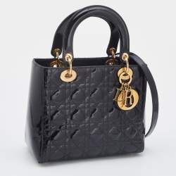 Dior Black Cannage Patent Leather Medium Lady Dior Tote
