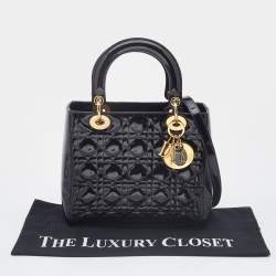Dior Black Cannage Patent Leather Medium Lady Dior Tote