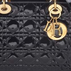 Dior Black Cannage Patent Leather Medium Lady Dior Tote