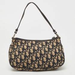 Pre Owned Dior Navy Blue/Cream Oblique Canvas and Leather Baguette Bag