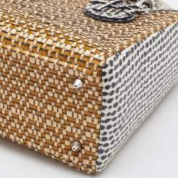 Pre Owned Dior Beige/Monochrome Woven Straw and Watersnake Medium Lady Dior Tote