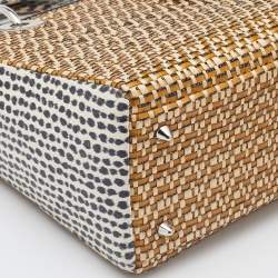 Pre Owned Dior Beige/Monochrome Woven Straw and Watersnake Medium Lady Dior Tote