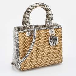 Pre Owned Dior Beige/Monochrome Woven Straw and Watersnake Medium Lady Dior Tote