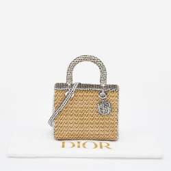 Pre Owned Dior Beige/Monochrome Woven Straw and Watersnake Medium Lady Dior Tote