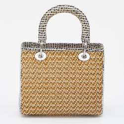 Pre Owned Dior Beige/Monochrome Woven Straw and Watersnake Medium Lady Dior Tote