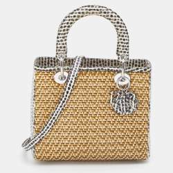 Pre Owned Dior Beige/Monochrome Woven Straw and Watersnake Medium Lady Dior Tote
