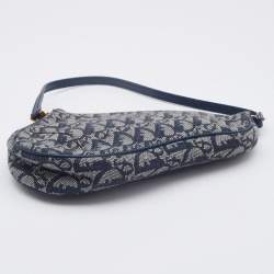 Pre Owned Dior Navy Blue Oblique Canvas and Leather Saddle Baguette Bag