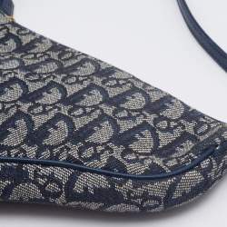 Pre Owned Dior Navy Blue Oblique Canvas and Leather Saddle Baguette Bag