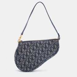 Pre Owned Dior Navy Blue Oblique Canvas and Leather Saddle Baguette Bag