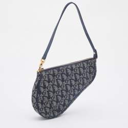 Pre Owned Dior Navy Blue Oblique Canvas and Leather Saddle Baguette Bag