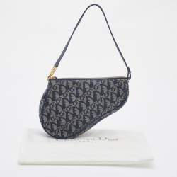 Pre Owned Dior Navy Blue Oblique Canvas and Leather Saddle Baguette Bag