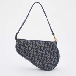 Pre Owned Dior Navy Blue Oblique Canvas and Leather Saddle Baguette Bag