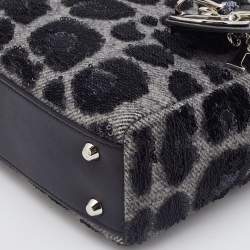 Pre Owned Dior Grey/Black Leopard Sequin, Leather and Wool Mini Lady Dior Tote