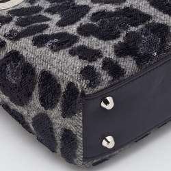 Pre Owned Dior Grey/Black Leopard Sequin, Leather and Wool Mini Lady Dior Tote