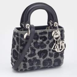 Pre Owned Dior Grey/Black Leopard Sequin, Leather and Wool Mini Lady Dior Tote