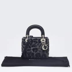 Pre Owned Dior Grey/Black Leopard Sequin, Leather and Wool Mini Lady Dior Tote