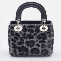 Pre Owned Dior Grey/Black Leopard Sequin, Leather and Wool Mini Lady Dior Tote