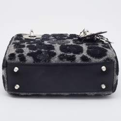 Pre Owned Dior Grey/Black Leopard Sequin, Leather and Wool Mini Lady Dior Tote