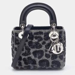 Pre Owned Dior Grey/Black Leopard Sequin, Leather and Wool Mini Lady Dior Tote