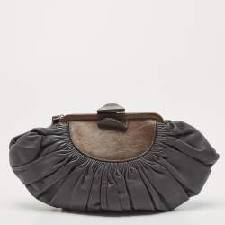 Pre Owned Dior Grey/Brown Pleated Leather Frame Clutch