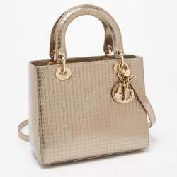Pre Owned Dior Gold Micro Cannage Patent Leather Medium Lady Dior Tote