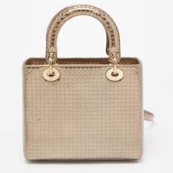 Pre Owned Dior Gold Micro Cannage Patent Leather Medium Lady Dior Tote