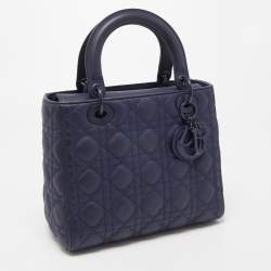 Pre Owned Dior Navy Blue Ultramatte Cannage Leather Medium Lady Dior Tote