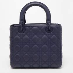 Pre Owned Dior Navy Blue Ultramatte Cannage Leather Medium Lady Dior Tote