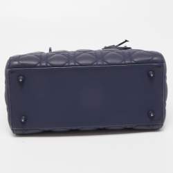 Pre Owned Dior Navy Blue Ultramatte Cannage Leather Medium Lady Dior Tote