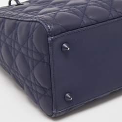 Pre Owned Dior Navy Blue Ultramatte Cannage Leather Medium Lady Dior Tote