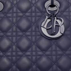 Pre Owned Dior Navy Blue Ultramatte Cannage Leather Medium Lady Dior Tote