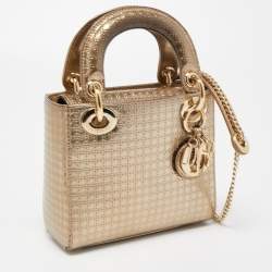 Pre Owned Dior Gold Microcannage Patent Leather Mini Lady Dior Tote