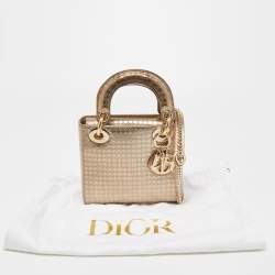 Pre Owned Dior Gold Microcannage Patent Leather Mini Lady Dior Tote