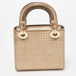 Pre Owned Dior Gold Microcannage Patent Leather Mini Lady Dior Tote