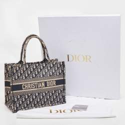 Dior Navy Blue Oblique Embroidered Canvas Medium Book Tote