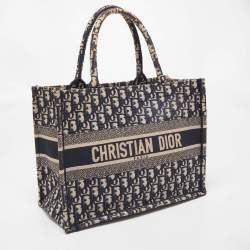 Dior Navy Blue Oblique Embroidered Canvas Medium Book Tote