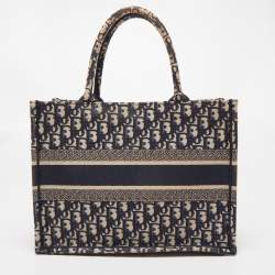 Dior Navy Blue Oblique Embroidered Canvas Medium Book Tote